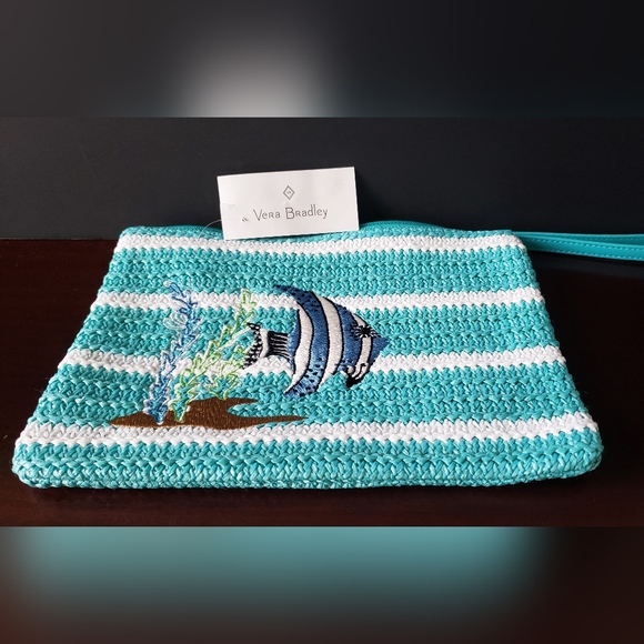 Vera Bradley Turquoise and White Striped Clutch with Fish Design - Picture 2 of 5